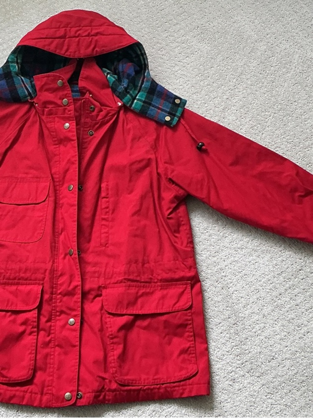 Woman’s Eddie Bauer Red Hooded Winter jacket / Raincoat with Plaid-Lined Hood